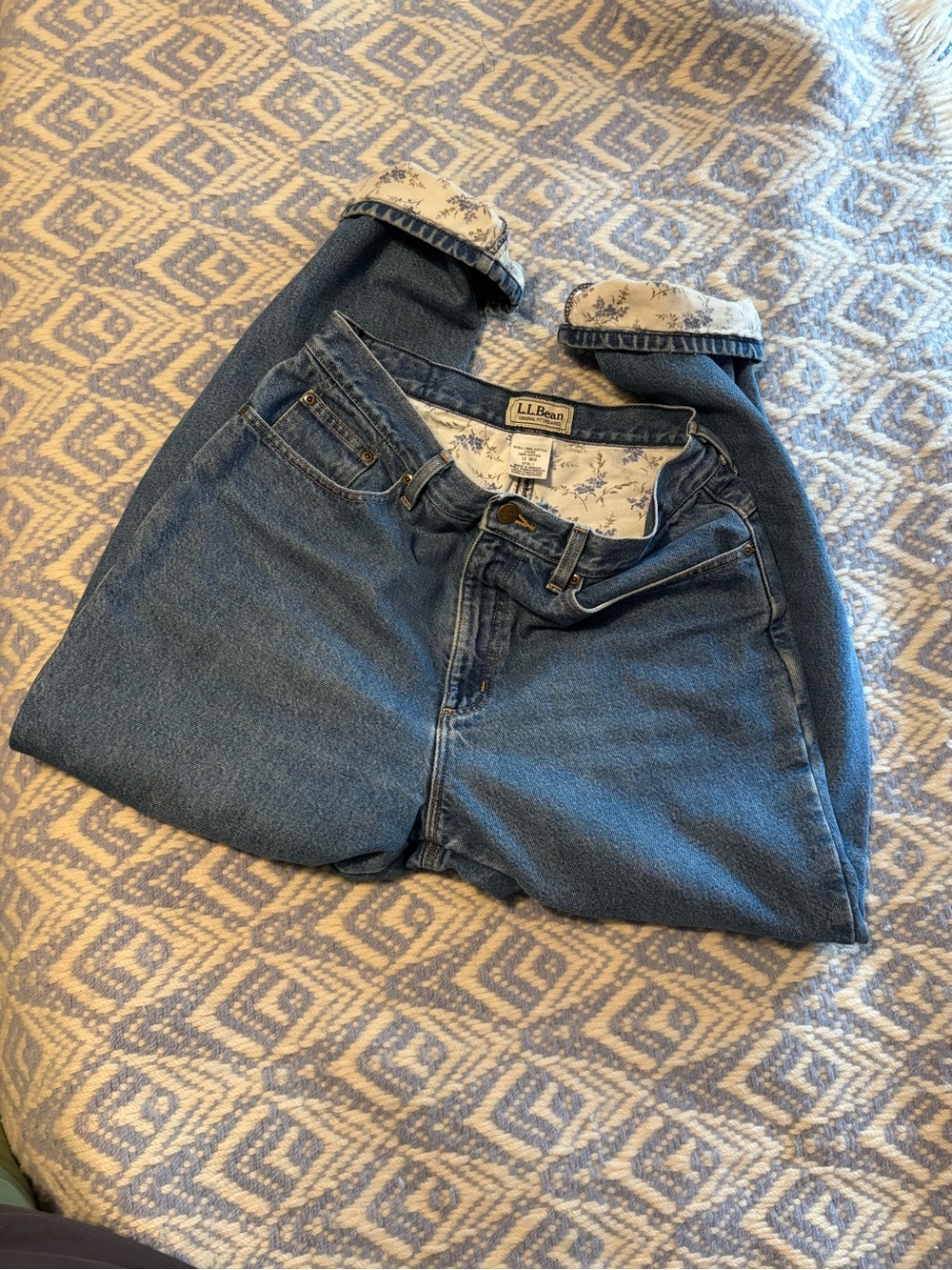 L.L. Bean Women's High-Rise Floral Lined Jeans in Blue Denim 100% Cotton Vintage